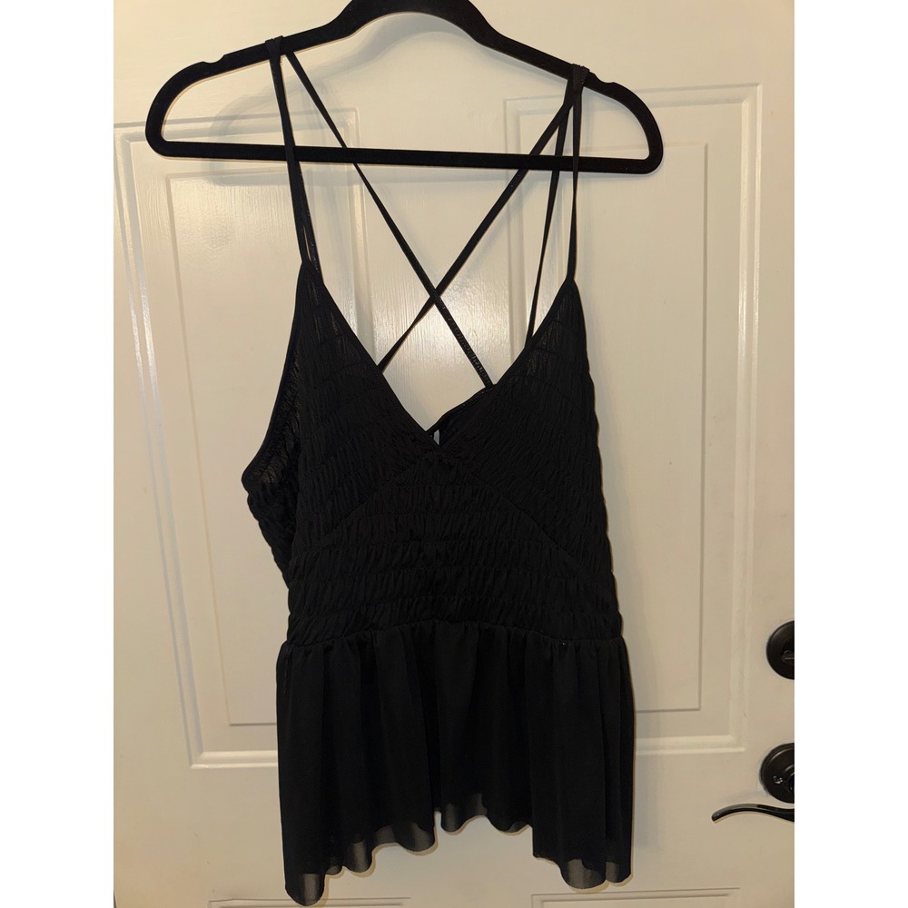 Anthropologie A+ Black Smocked Peplum Camisole Strappy Cross Back Top 2X